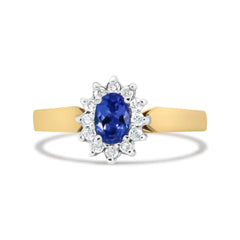 14K Yellow Gold 1/5 Cttw Round Diamond and 6x4mm Oval Blue Tanzanite Halo Ring (H-I Color, I1-I2 Clarity)