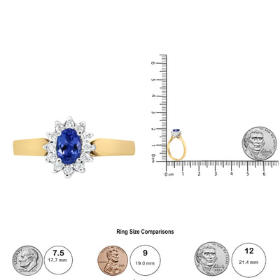 14K Yellow Gold 1/5 Cttw Round Diamond and 6x4mm Oval Blue Tanzanite Halo Ring (H-I Color, I1-I2 Clarity)